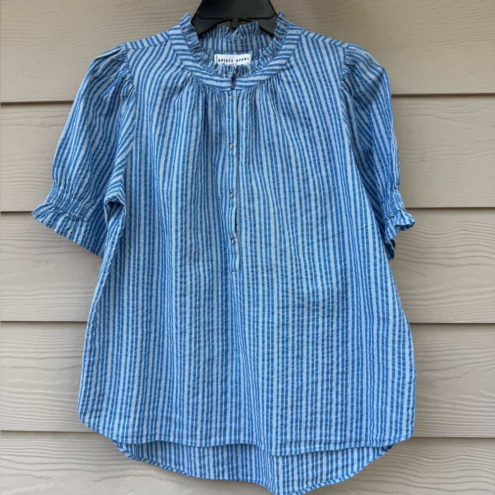 Apiece Apart Los Altos Top Blue Seersucker Stripe Puff Sleeve Henley - Picture 12 of 13